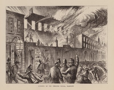 De brand van het Theatre Royal, Glasgow (gravure) door English School
