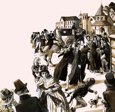 Byron veroorzaakte nogal wat opschudding met zijn huisbeer in de straten van Cambridge (gouache op papier) door English School