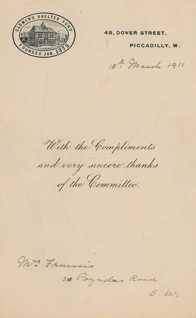 Schuilplaats voor koetsiers Fun, opgericht januari 1875. Brief door English School