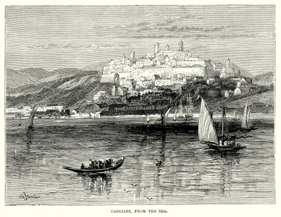 Cagliari, vanaf de zee (gravure) door English School
