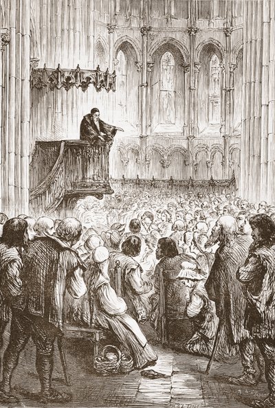 Calvijn predikt zijn afscheidsrede in afwachting van verbanning, illustratie uit De Geschiedenis van het Protestantisme door James Aitken Wylie, gepubliceerd in 1878 door English School