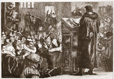 Calvijn bedreigd in de kerk van Rive, illustratie uit De Geschiedenis van het Protestantisme door James Aitken Wylie, gepubliceerd in 1878 door English School