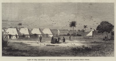 Kamp van het 59e Regiment in Mooltan, Verzamelplaats van de Quetta Veldmacht (gravure) door English School