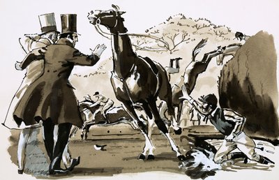 Kapitein Becher, geworpen bij een hek tijdens de Grand National door English School