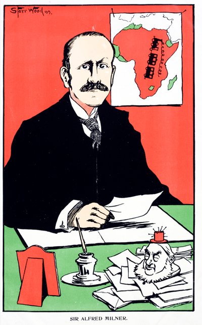 Karikatuur van Sir Alfred Milner, Britse koloniale gouverneur van de Kaapkolonie bij het uitbreken van de Tweede Boerenoorlog door English School