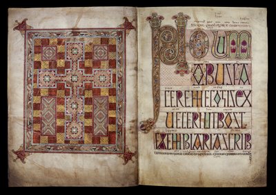 Tapijtblad en Incipitblad ter inleiding van de brief van Hiëronymus aan paus Damasus, Katoen Nero D. IV, f.2v en f.3r uit de Lindisfarne evangeliën, 710-721 (perkament) door English School