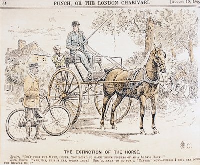 Cartoon over de komst van fietsen en gemotoriseerd vervoer en het daarmee gepaard gaande einde van paard-en-wagen verkeer, uit Punch magazine, 10 augustus 1895 door English School
