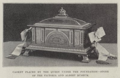 Kistje geplaatst door de koningin onder de eerste steen van het Victoria en Albert Museum (gravure) door English School