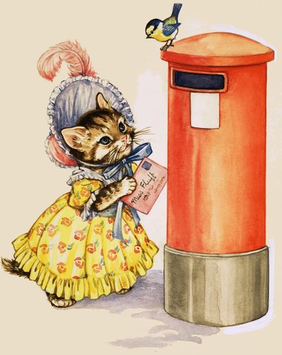 Kat met een hoedje die een brief post in een brievenbus door English School