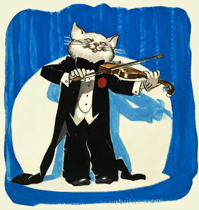 Kat in smoking die viool speelt door English School