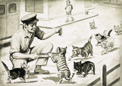 Katten komen de kattenvleesman begroeten door English School