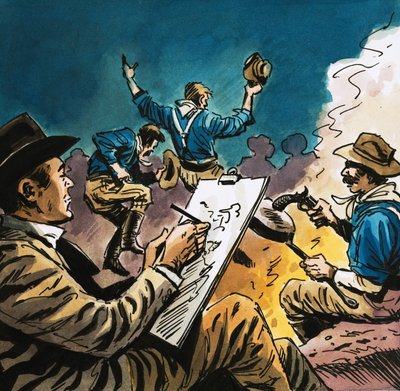 Cavalerist danst rond een kampvuur met Arthur Boyd Houghton die schetst door English School