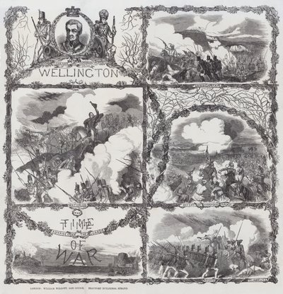 Viering van de overwinningen van de hertog van Wellington bij het Beleg van Seringapatam (1799), nederlaag van Dhondia Wagh (1800), Slag bij Assaye (1803), en de Slag bij Waterloo (1815) door English School