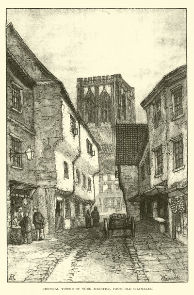 Centrale Toren van York Minster, vanaf Old Shambles door English School
