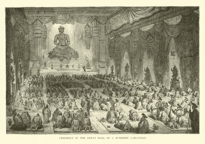 Ceremonie in de Grote Zaal van een Boeddhistische Lamassery door English School