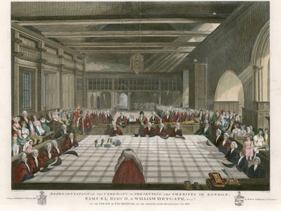 Ceremonie van het presenteren van de sheriffs van Londen, Samuel Birch en William Heygate, in het Hof van Exchequer, de dag na Michaelmas Day, 1811 door English School