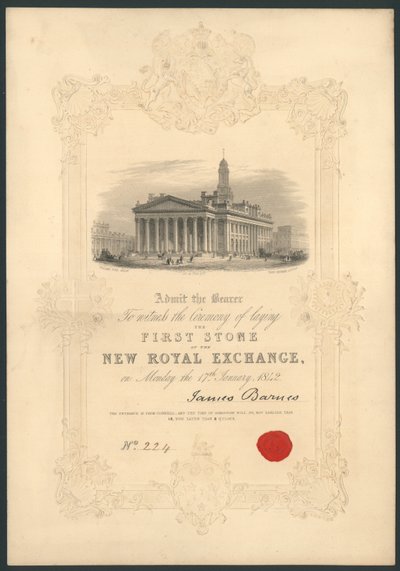 Ceremonie van het leggen van de eerste steen van de Nieuwe Koninklijke Beurs, Londen, op 17 januari 1842 door English School