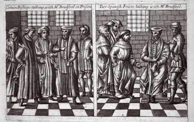 Bepaalde bisschoppen praten met meneer Bradford in de gevangenis, en twee Spaanse monniken praten met meneer Bradford, illustratie uit Handelingen en Monumenten van John Foxe, negende editie, uitgegeven 1684 door English School