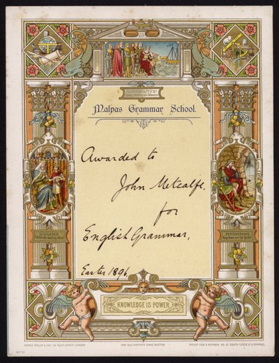 Certificaat voor Engelse grammatica toegekend aan een leerling van Malpas Grammar School, Cheshire door English School