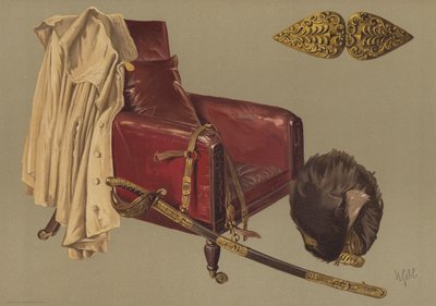 Stoel en mantel van Veldmaarschalk de Hertog van Wellington, met berenmuts en zwaard van de Grenadier Guards door English School