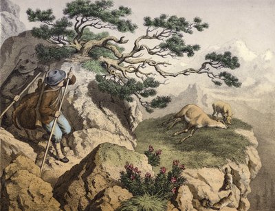 Gemsjagers van de Alpen, een draagt een steenbok, een gems ligt dood, dichtbij een hertenkalf, op de voorgrond enkele marmotten door English School