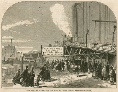 Charing Cross Station, Londen: De tijdelijke ingang van het station vanaf Villiers Street door English School