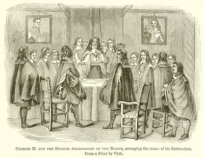 Karel II en de Engelse ambassadeurs in Den Haag, regelen de voorwaarden van zijn restauratie door English School