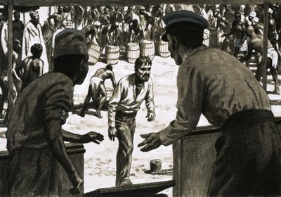 Charles Osborne en kapitein Stott legden vaten rum op het strand door English School