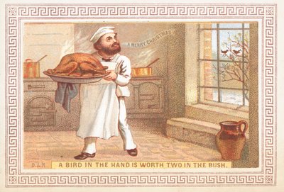 Chef houdt kalkoen schaal, kerstkaart door English School