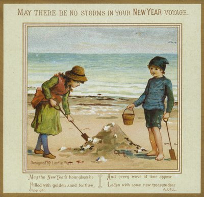 Kinderen Spelen op het Strand - Nieuwjaarskaart door English School