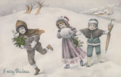 Kinderen in de sneeuw, Victoriaanse ansichtkaart (print) door English School