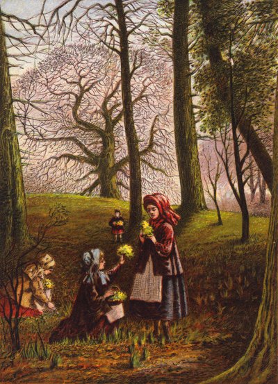 Kinderen plukken bloemen in het bos (kleurenlitho) door English School