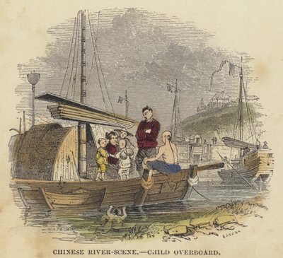 Chinese rivier-scène, kind overboord (gekleurde gravure) door English School
