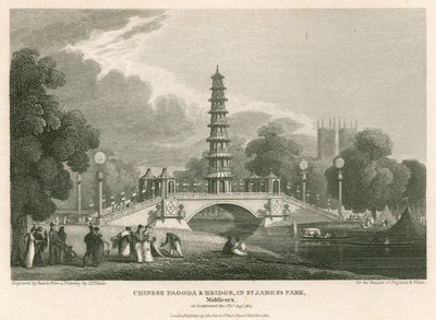Chinese pagode en brug, St Jamess Park, Londen, zoals het verscheen op 1 augustus 1814 door English School