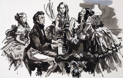 Chopin met vrouwelijke bewonderaars (gouache op papier) door English School