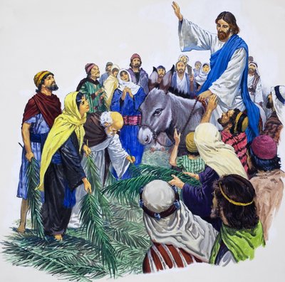 Christus die Jeruzalem binnengaat (gouache op papier) door English School