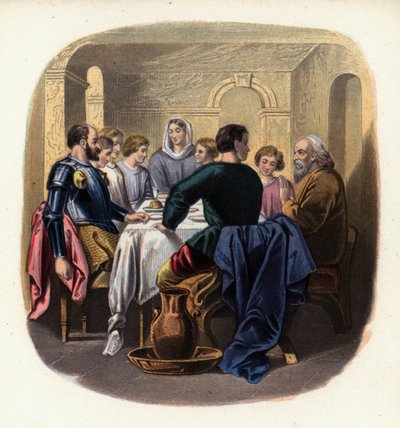 Christiana en de pelgrims bij het huis van Gaius, een illustratie uit De Christenreis van John Bunyan door English School