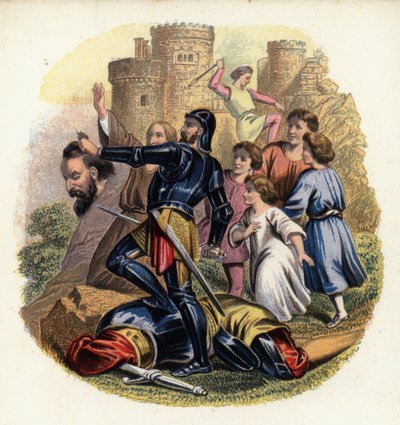 Christiana en de pelgrims kijken toe hoe Greatheart Reus Wanhoop doodt, een illustratie uit De Christenreis van John Bunyan door English School