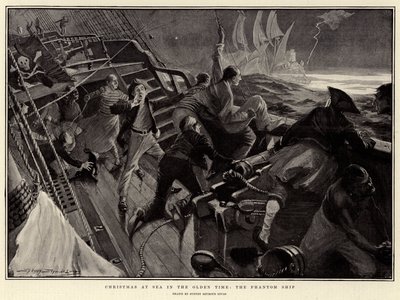 Kerstmis op zee in de oude tijd, het spookschip (litho) door English School