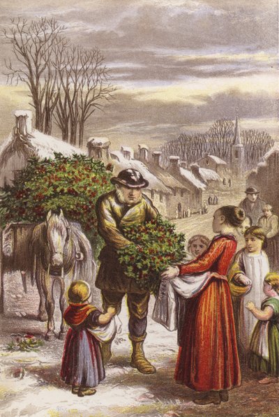Kersttijd - hulst verkopen in een met sneeuw bedekt dorp door English School