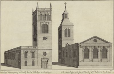 Kerk van Allhallows in Bread Street en kerk van St Michael in Wood Street, Londen door English School