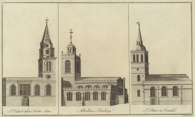 Kerken van St Vedast, Foster Lane, Allhallows, Barking en St Peter in Cornhill, Londen door English School
