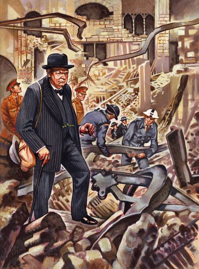 Churchill inspecteert de schade na een Duitse bom die een deel van het Lagerhuis heeft vernietigd door English School