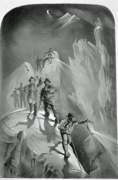 Klimmen in de nacht, uit Ten Scenes in the Last Ascent of Mont Blanc Including Five Views from the Summit, door J.D.H. Browne, gepubliceerd 1853 door English School