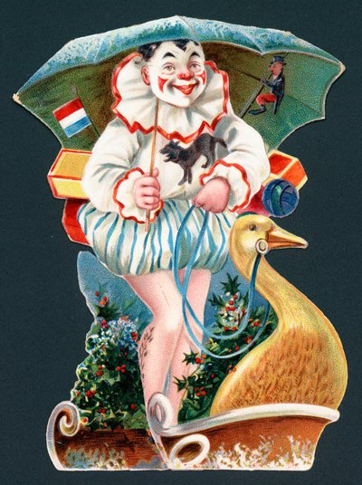 Clown met paraplu op ganzen slee, kerstkaart door English School