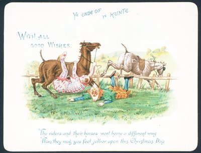 Clowns die van hun paarden vallen tijdens de jacht, Kerstkaart door English School