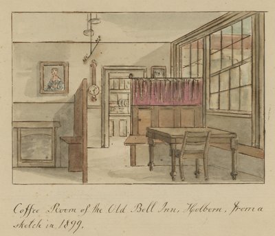 Koffiekamer van The Old Bell Inn, Holborn, Londen, naar een schets in 1899 door English School
