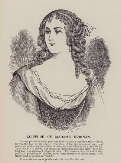 Coiffure van Madame Grignan (gravure) door English School