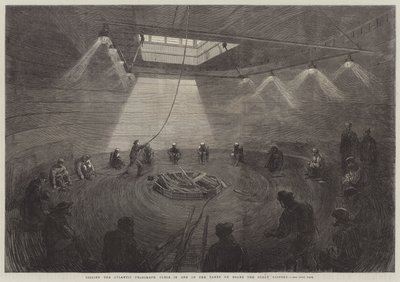 Het oprollen van de Atlantische telegraafkabel in een van de tanks aan boord van de Great Eastern door English School