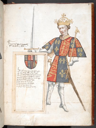 Gekleurde tekening van een Engelse koning in harnas en tabberd (Hendrik VI), met een plaquette met verzen, illustratie uit 